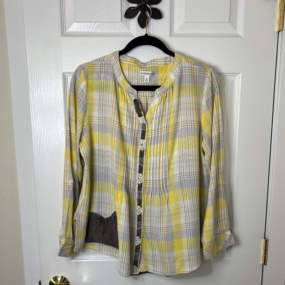 Croft & Barrow Yellow and Gray Plaid Button-Up Shirt with eclectic details Sz XL - Picture 1 of 11